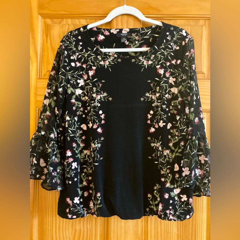 Alfani flowered blouson blouse with sheer sleeves